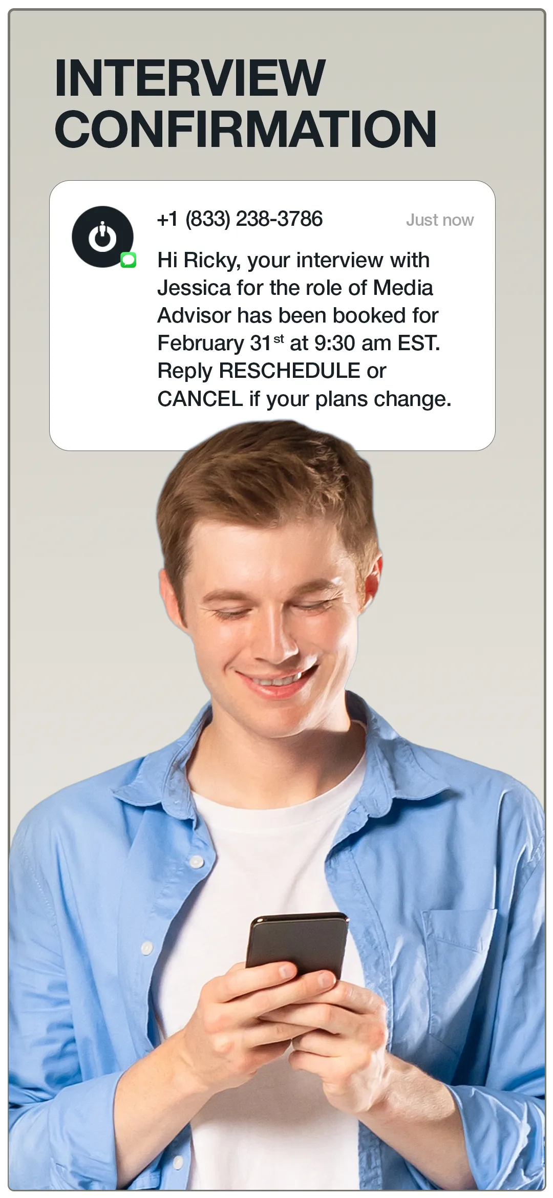 Job Seeker reading a text message on their phone confirming the interview date and time.