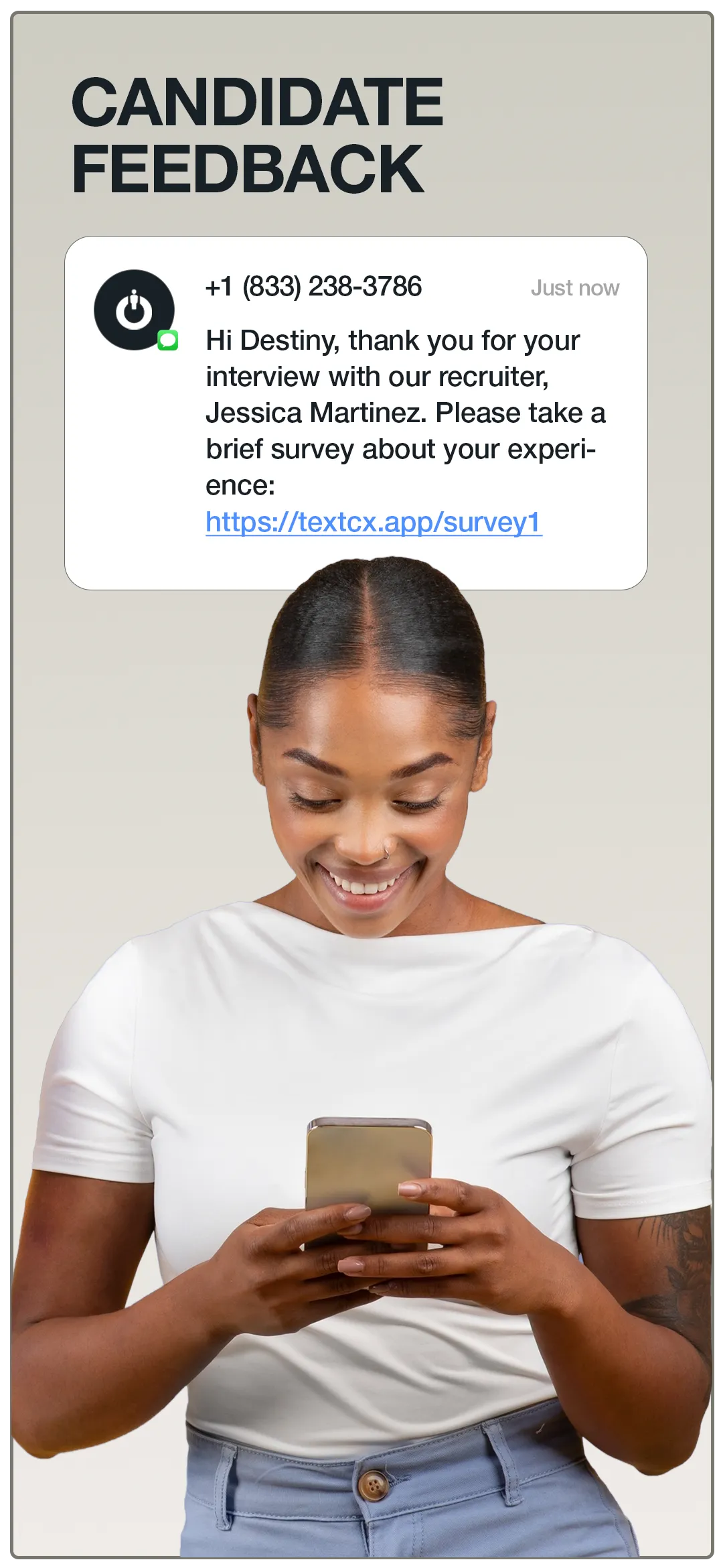 Candidate sharing their feedback on their phone about their experience with a recruiter.